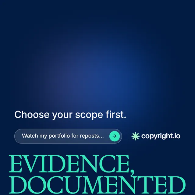 Instagram post for copyright.io: "Evidence, documented." Agentic glass style, oversized layout, dark palette in blue.