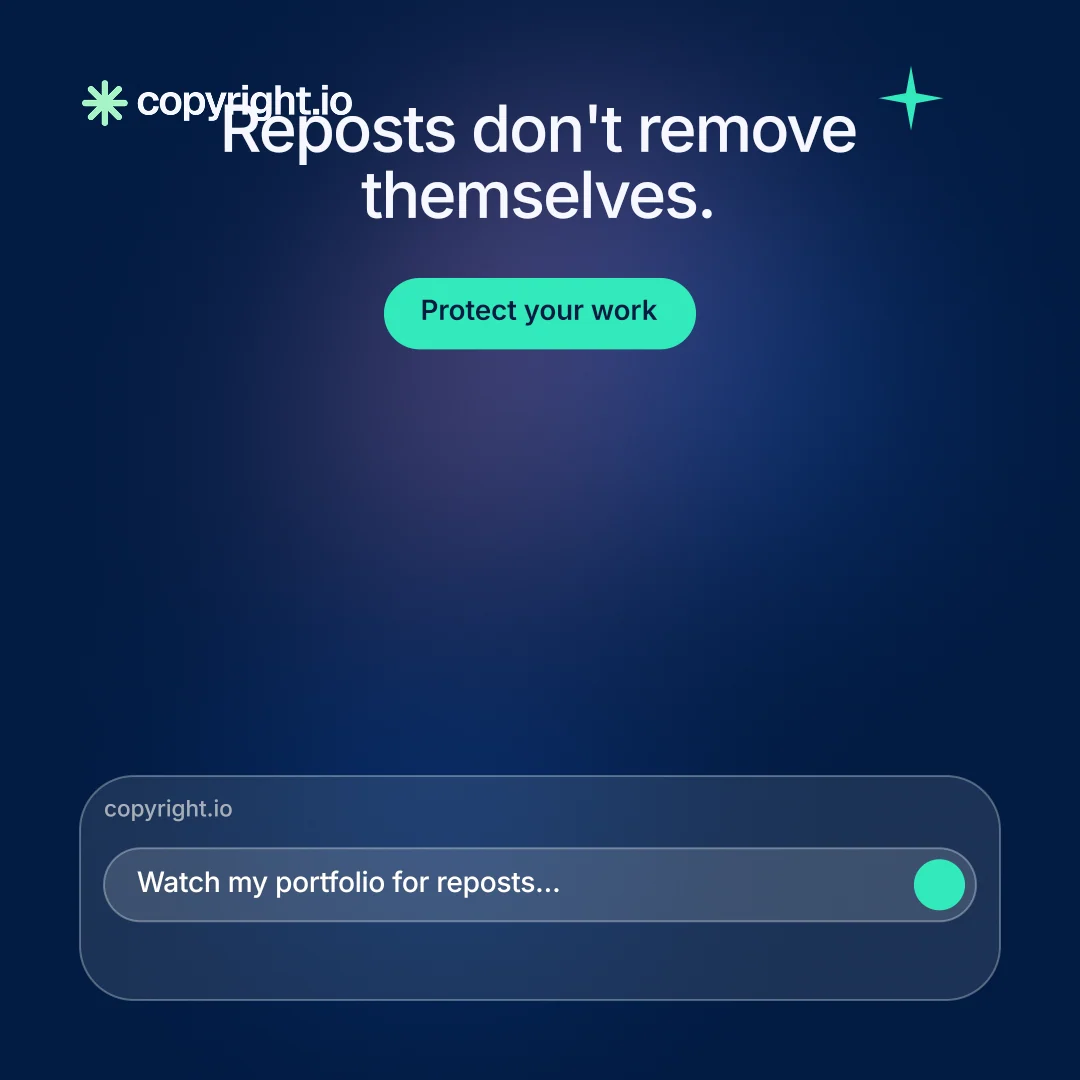 Instagram post for copyright.io: "Reposts don't remove themselves." Y2K style, skeleton layout, dark palette in blue.
