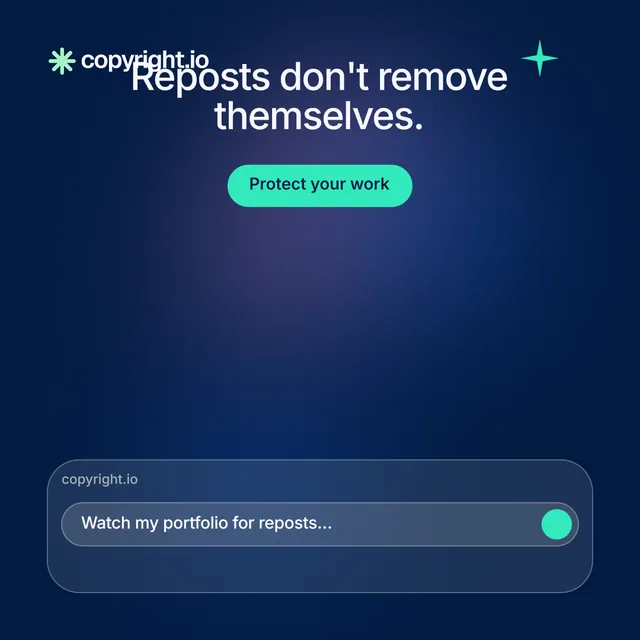 Instagram post for copyright.io: "Reposts don't remove themselves." Y2K style, skeleton layout, dark palette in blue.