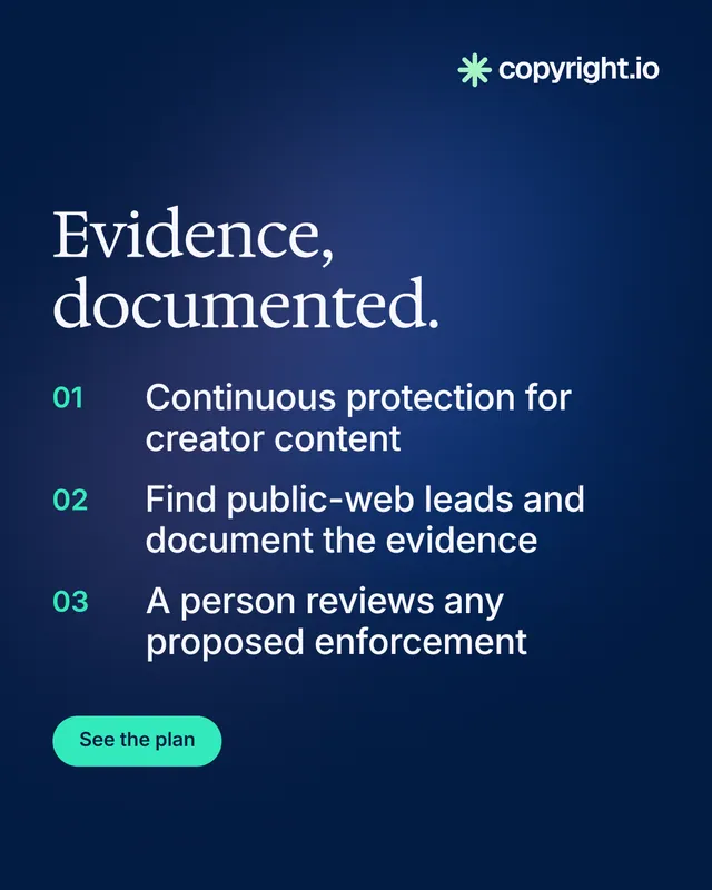 Instagram portrait post for copyright.io: "Evidence, documented." Y2K style, numbered layout, dark palette in blue.