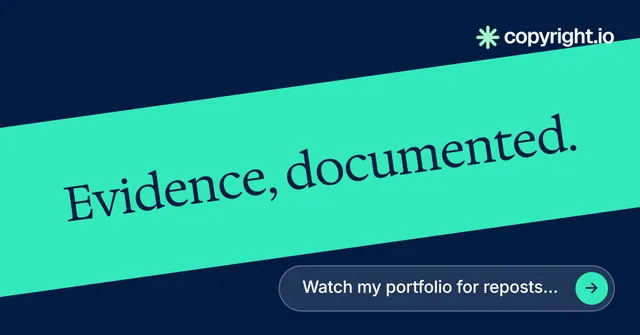 Social ad for copyright.io: "Evidence, documented." Agentic glass style, diagonal layout, light palette in teal, blue.