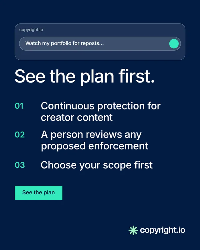 Instagram portrait post for copyright.io: "See the plan first." Swiss style, numbered layout, dark palette in blue.