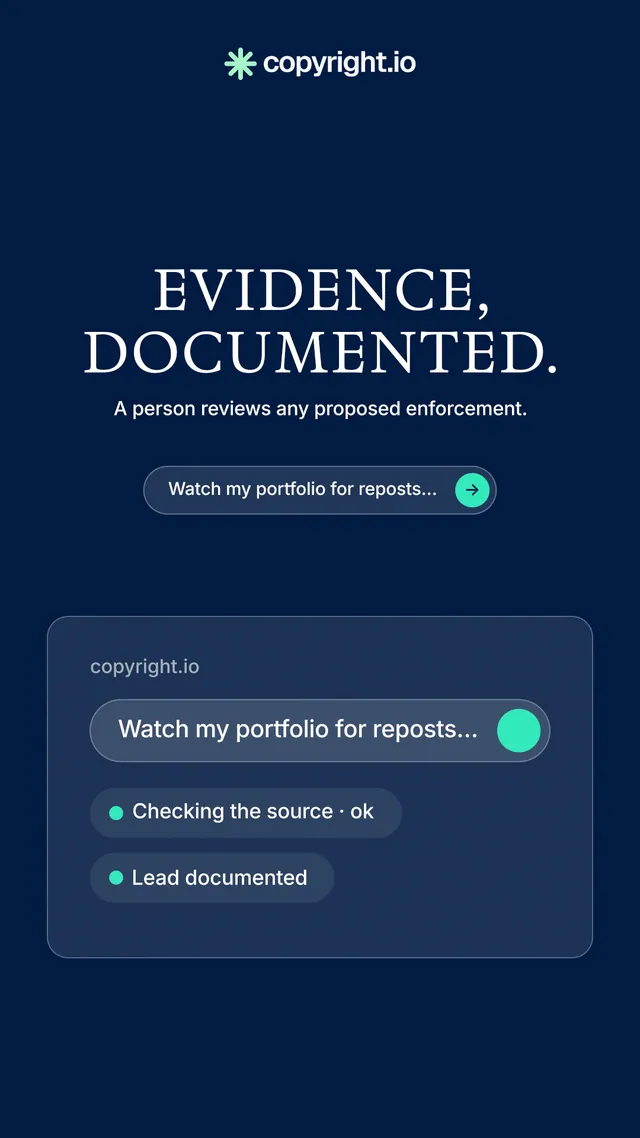 Instagram story for copyright.io: "Evidence, documented." Agentic glass style, centred layout, dark palette in blue.
