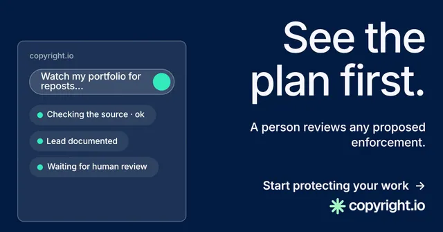 Social ad for copyright.io: "See the plan first." Minimal luxury style, right layout, dark palette in blue.
