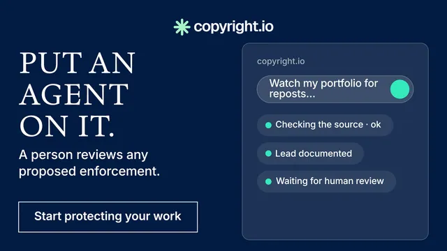 Landscape graphic for copyright.io: "Put an agent on it." Editorial style, bottom layout, dark palette in blue.