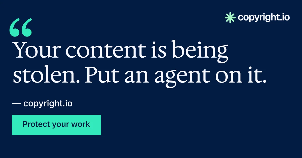 Social ad for copyright.io: "Continuous protection for creators." Split block style, quote layout, dark palette in blue.