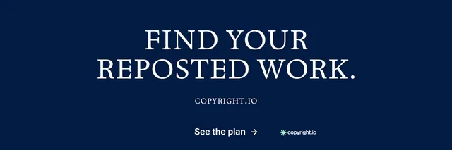 X header for copyright.io: "Find your reposted work." Y2K style, smallcaps layout, dark palette in blue, grey.