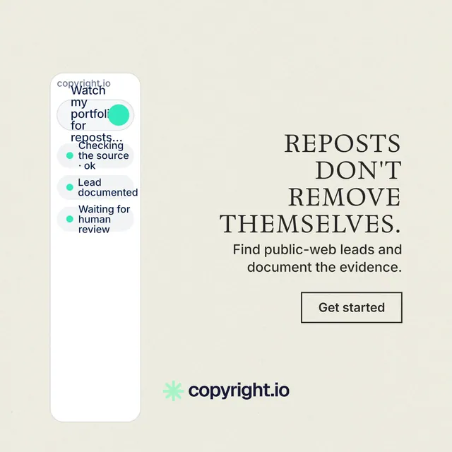 Instagram post for copyright.io: "Reposts don't remove themselves." Editorial style, right layout, light palette in yellow, white, grey.