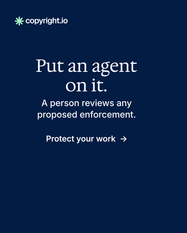 Instagram portrait post for copyright.io: "Put an agent on it." Minimal luxury style, skeleton layout, dark palette in blue.