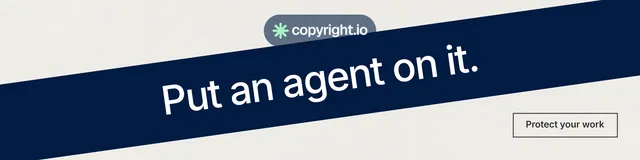 LinkedIn banner for copyright.io: "Put an agent on it." Editorial style, diagonal layout, light palette in white, blue.