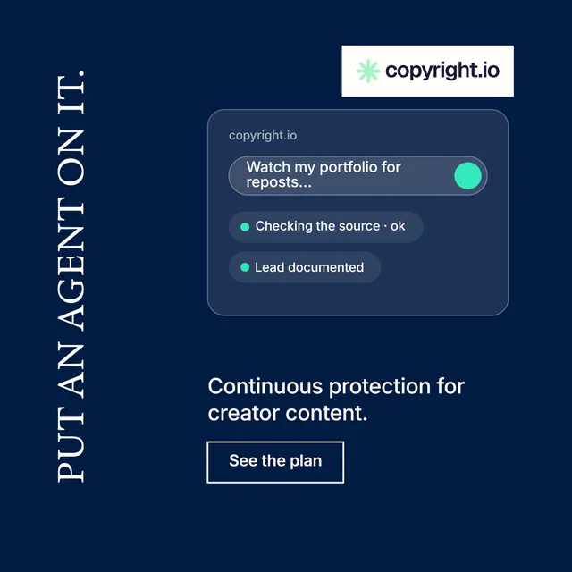 Instagram post for copyright.io: "Put an agent on it." Editorial style, vertical layout, dark palette in blue.