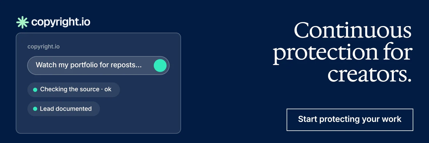 X header for copyright.io: "Continuous protection for creators." Editorial style, right layout, dark palette in blue.