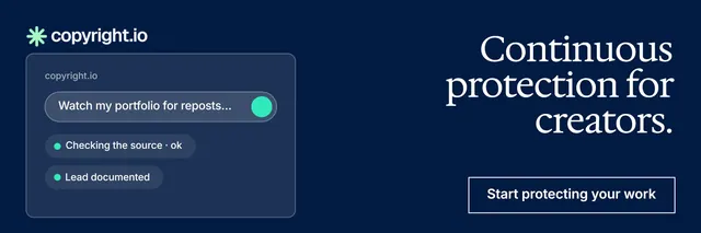 X header for copyright.io: "Continuous protection for creators." Editorial style, right layout, dark palette in blue.