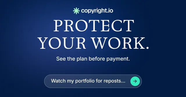 Social ad for copyright.io: "Protect your work." Agentic glass style, centred layout, dark palette in blue.