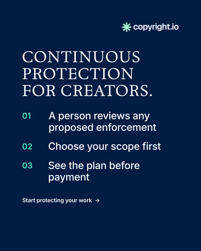 Instagram portrait post for copyright.io: "Continuous protection for creators." Minimal luxury style, numbered layout, dark palette in blue.