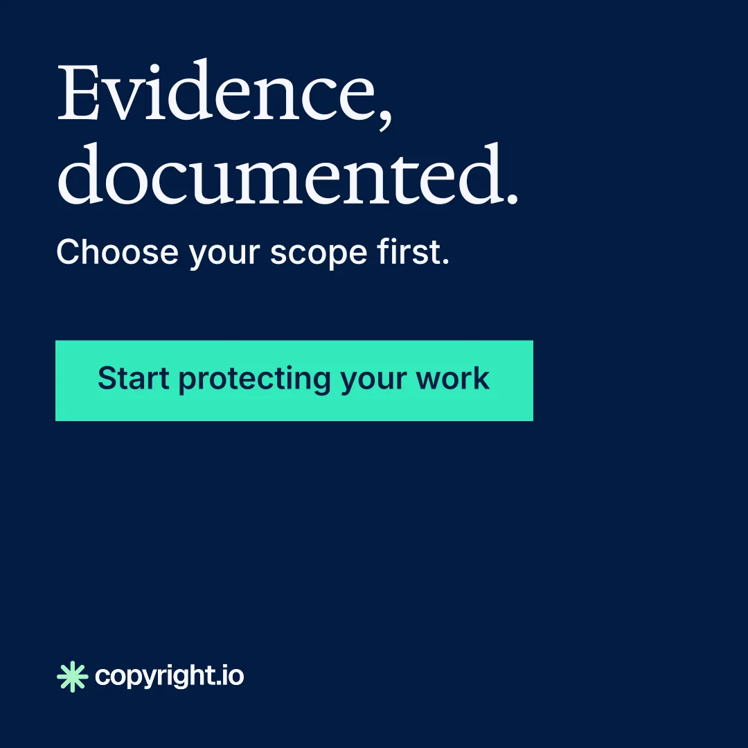 Instagram post for copyright.io: "Evidence, documented." Split block style, skeleton layout, dark palette in blue, teal.