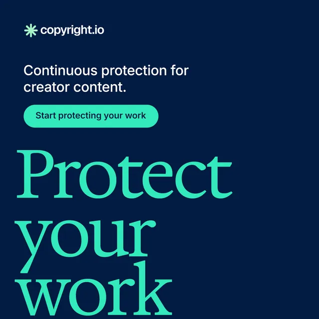 Instagram post for copyright.io: "Find your reposted work." Y2K style, oversized layout, dark palette in blue, teal.