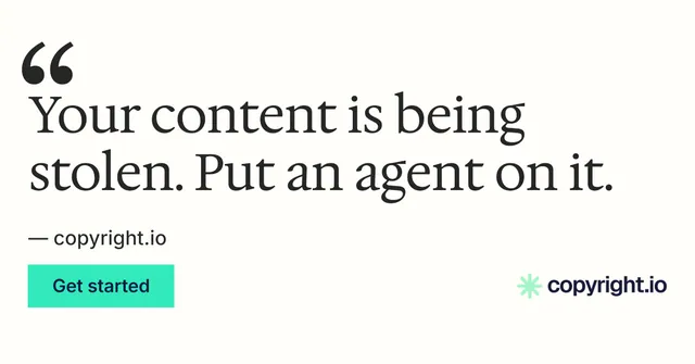 Social ad for copyright.io: "Reposts don't remove themselves." Swiss style, quote layout, light palette in white, grey.