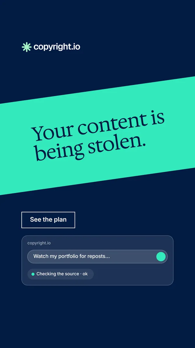Instagram story for copyright.io: "Your content is being stolen." Editorial style, diagonal layout, dark palette in blue, teal.