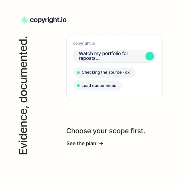 Instagram post for copyright.io: "Evidence, documented." Minimal luxury style, vertical layout, light palette in white.
