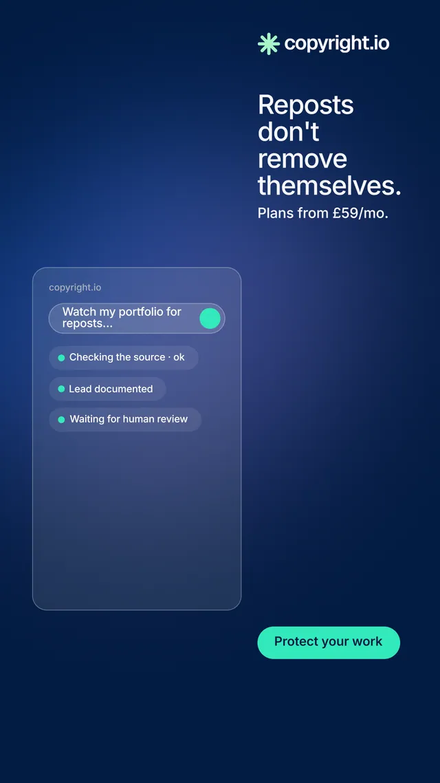 Instagram story for copyright.io: "Reposts don't remove themselves." Agentic glass style, skeleton layout, dark palette in blue.
