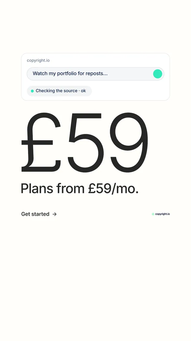 Instagram story for copyright.io: "Protect your work." Minimal luxury style, stat layout, light palette in white, grey.