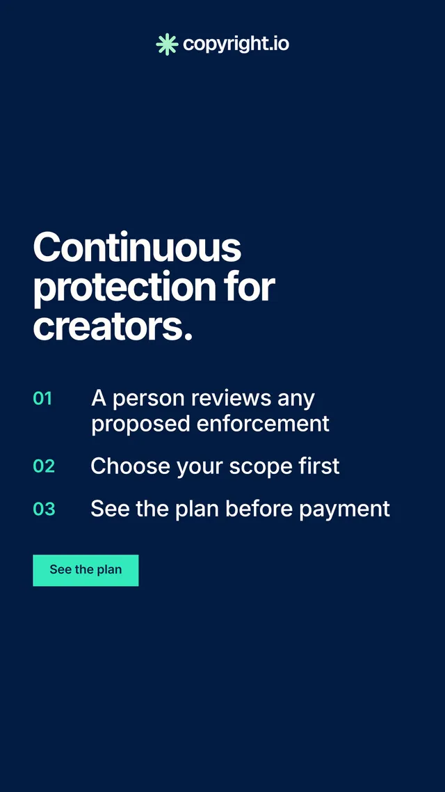 Instagram story for copyright.io: "Continuous protection for creators." Swiss style, numbered layout, dark palette in blue.