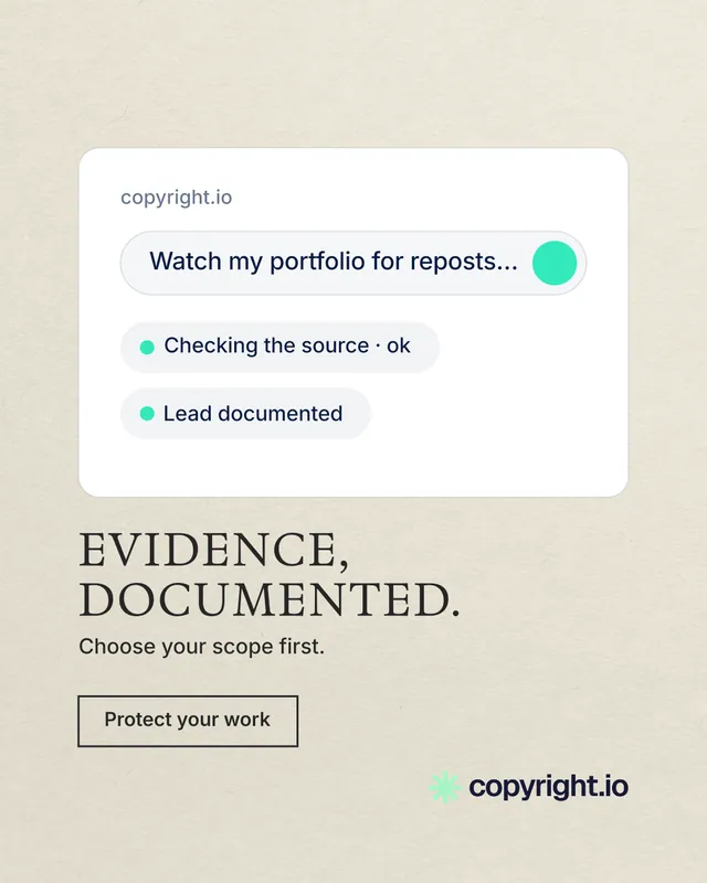 Instagram portrait post for copyright.io: "Evidence, documented." Editorial style, bottom layout, light palette in yellow, white, grey.