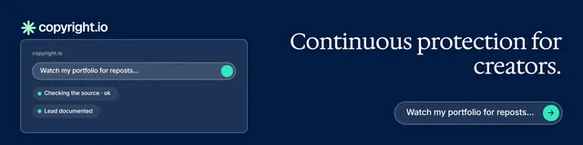 LinkedIn banner for copyright.io: "Continuous protection for creators." Agentic glass style, right layout, dark palette in blue.