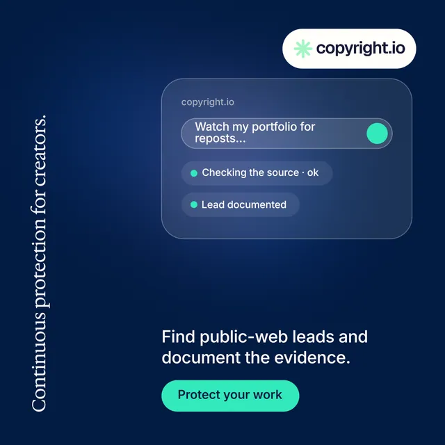 Instagram post for copyright.io: "Continuous protection for creators." Y2K style, vertical layout, dark palette in blue.