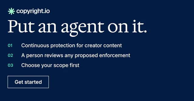Social ad for copyright.io: "Put an agent on it." Editorial style, numbered layout, dark palette in blue.