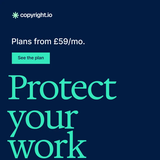 Instagram post for copyright.io: "See the plan first." Split block style, oversized layout, dark palette in blue, teal.