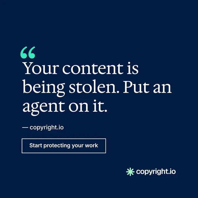 Instagram post for copyright.io: "Put an agent on it." Editorial style, quote layout, dark palette in blue.
