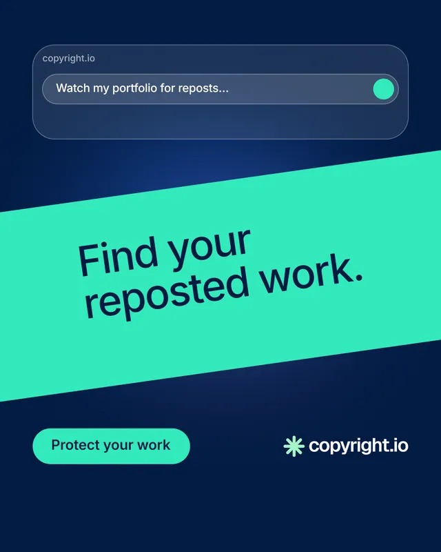 Instagram portrait post for copyright.io: "Find your reposted work." Y2K style, diagonal layout, dark palette in blue, teal.