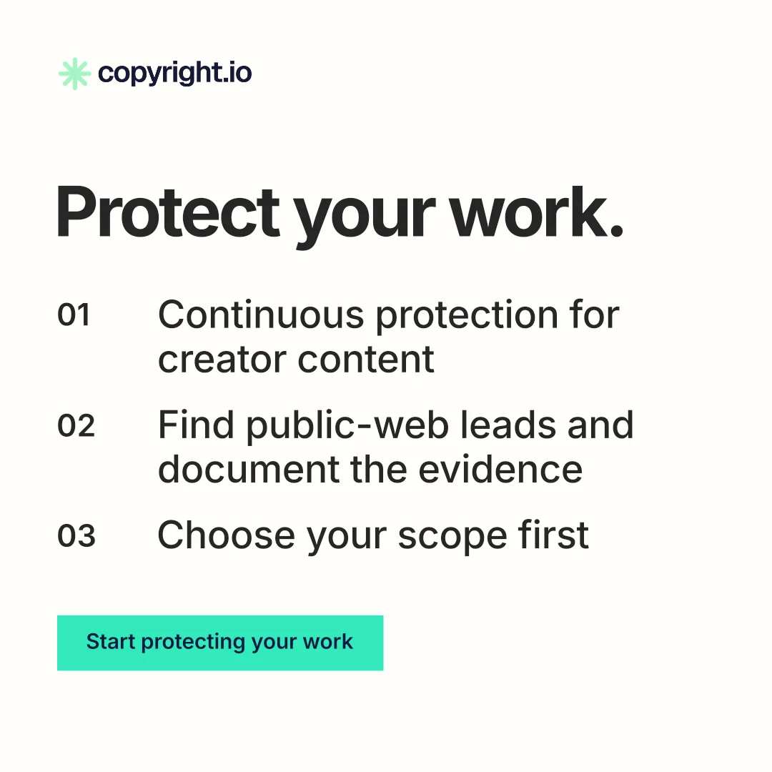 Instagram post for copyright.io: "Protect your work." Swiss style, numbered layout, light palette in white, grey.