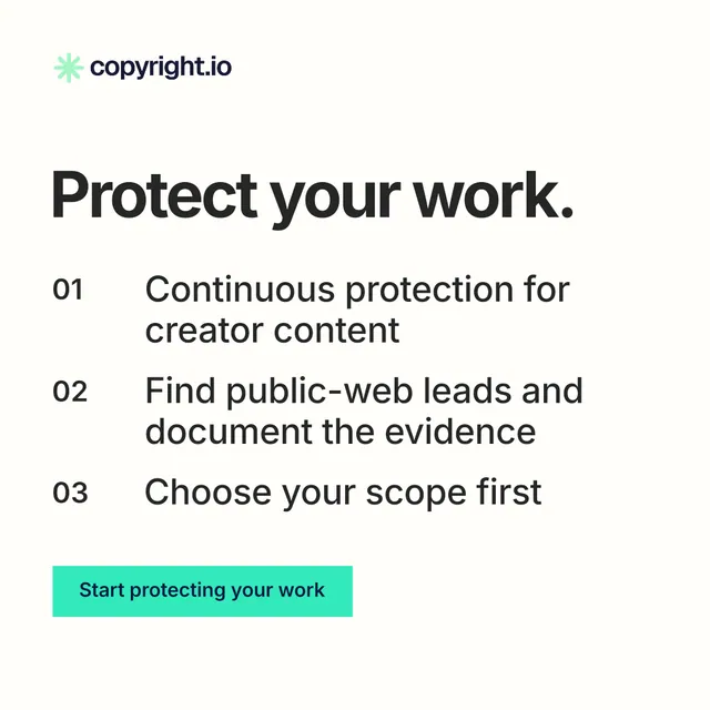 Instagram post for copyright.io: "Protect your work." Swiss style, numbered layout, light palette in white, grey.