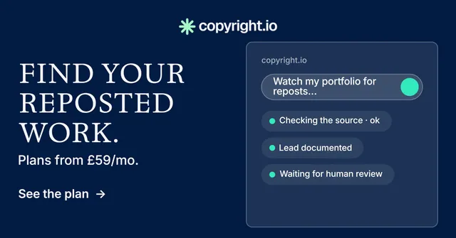 Social ad for copyright.io: "Find your reposted work." Minimal luxury style, bottom layout, dark palette in blue.