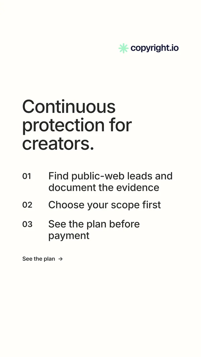 Instagram story for copyright.io: "Continuous protection for creators." Minimal luxury style, numbered layout, light palette in white.