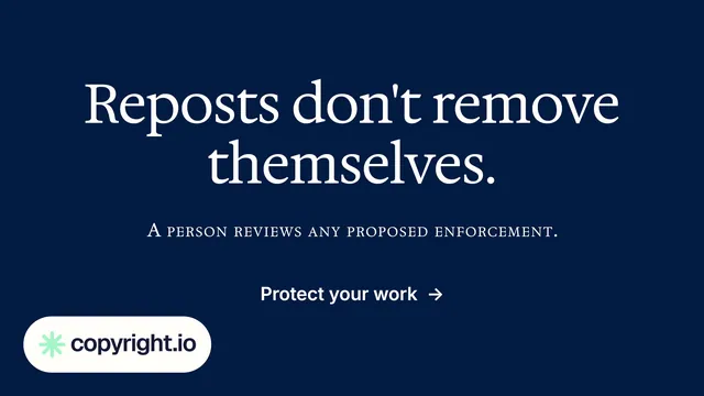 Landscape graphic for copyright.io: "Reposts don't remove themselves." Agentic glass style, smallcaps layout, dark palette in blue, grey.