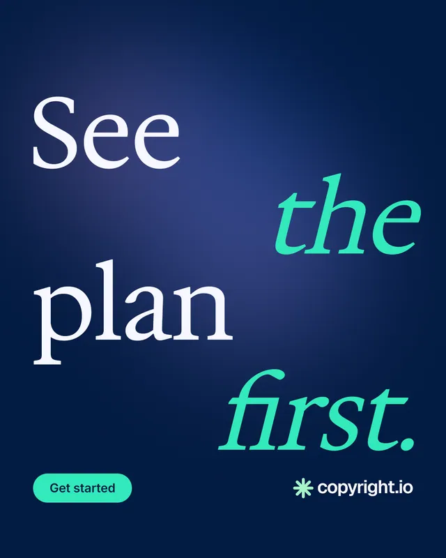 Instagram portrait post for copyright.io: "See the plan first." Y2K style, stacked layout, dark palette in blue.