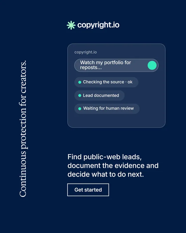 Instagram portrait post for copyright.io: "Continuous protection for creators." Editorial style, vertical layout, dark palette in blue.