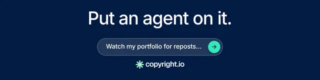 LinkedIn banner for copyright.io: "Put an agent on it." Agentic glass style, skeleton layout, dark palette in blue.