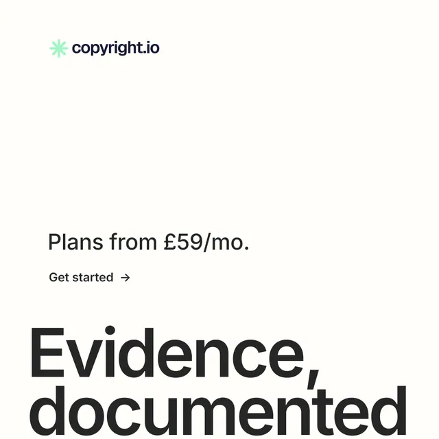 Instagram post for copyright.io: "Evidence, documented." Minimal luxury style, oversized layout, light palette in white, grey.