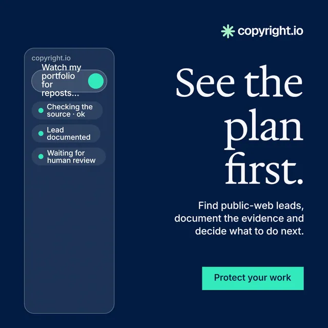 Instagram post for copyright.io: "See the plan first." Split block style, right layout, dark palette in blue.