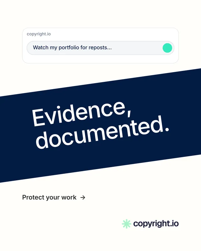 Instagram portrait post for copyright.io: "Evidence, documented." Minimal luxury style, diagonal layout, light palette in white, blue, grey.