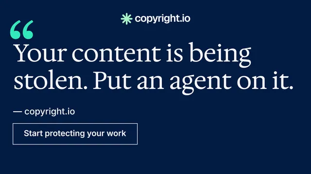 Landscape graphic for copyright.io: "See the plan first." Editorial style, quote layout, dark palette in blue.