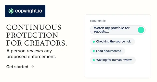 Social ad for copyright.io: "Continuous protection for creators." Minimal luxury style, bottom layout, light palette in white.