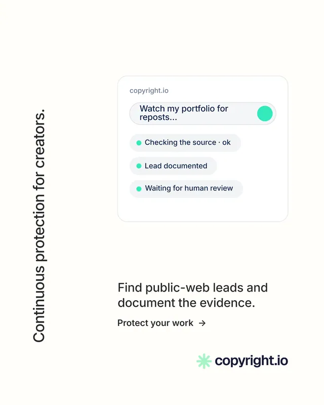Instagram portrait post for copyright.io: "Continuous protection for creators." Minimal luxury style, vertical layout, light palette in white.