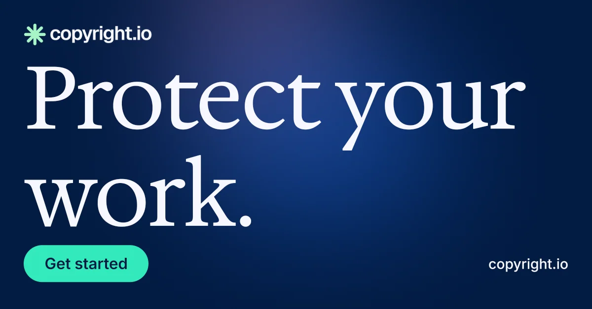Social ad for copyright.io: "Protect your work." Y2K style, poster layout, dark palette in blue.
