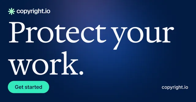 Social ad for copyright.io: "Protect your work." Y2K style, poster layout, dark palette in blue.
